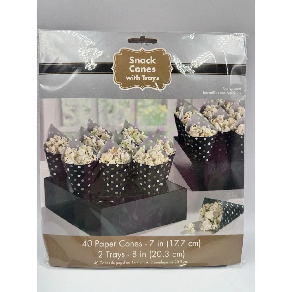 40x Cone Shape Popcorn Black Paper Bags with Tray Treat Buffet Bags for Popcorn